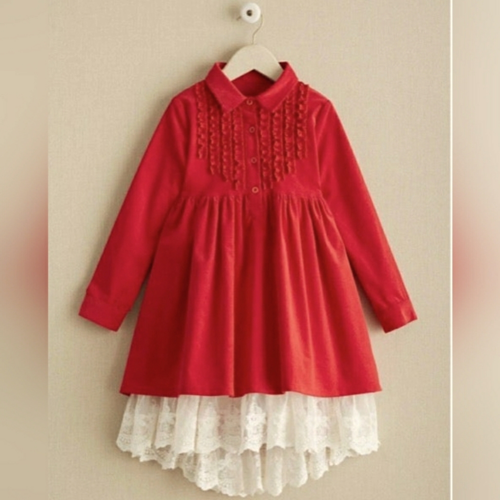 Chasing fireflies Red corduroy white lace holiday dress 10 12 14
